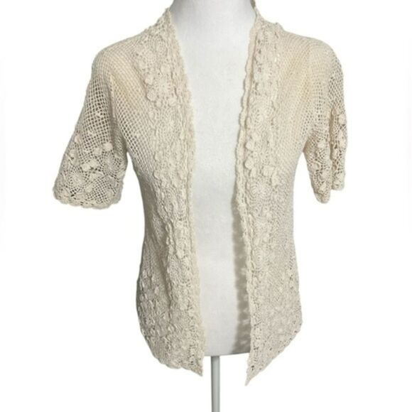 Vintage Tops - Vintage crochet sweater vest jacket cream large Japanese hand knit